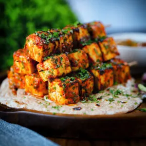 Paneer tikka kebabs served with homemade chapatis, onion salad, and mango chutney.