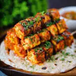Paneer tikka kebabs served with homemade chapatis, and mango chutney.