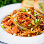 Japanese spaghetti napolitan (naporitan) and tomato ketchup pasta with sausage and bacon.
