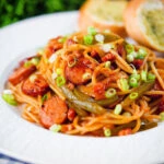 Japanese spaghetti napolitan (naporitan) and tomato ketchup pasta with sausage and bacon.