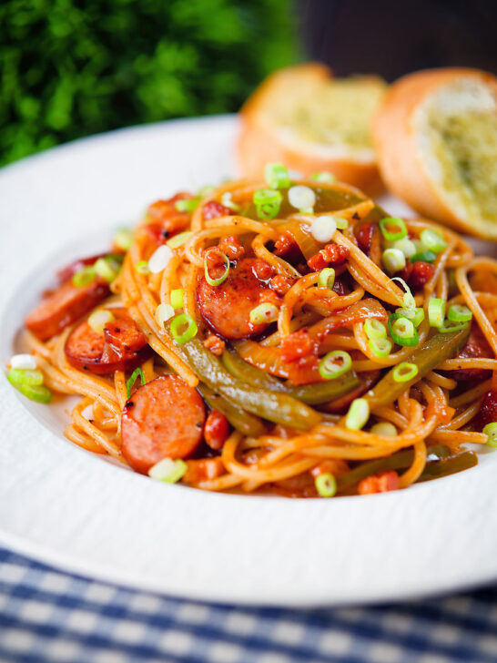 Japanese spaghetti napolitan (naporitan) and tomato ketchup pasta with sausage and bacon.
