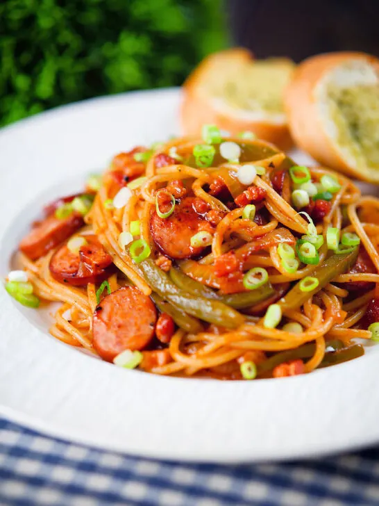 Japanese spaghetti napolitan (naporitan) and tomato ketchup pasta with sausage and bacon.