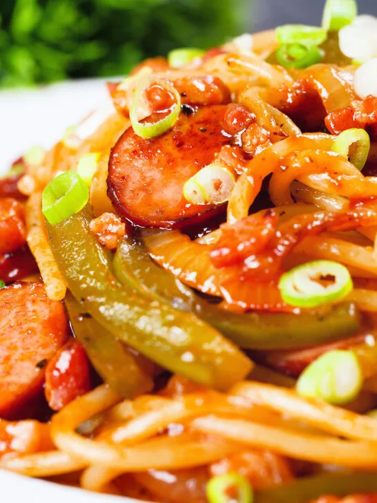 Close-up Japanese spaghetti napolitan a tomato ketchup pasta with sausage and bacon.