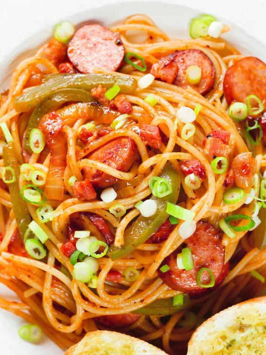 Overhead close-up Japanese spaghetti napolitan a tomato ketchup pasta with sausage and bacon.