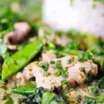 Close-up herby Thai green pork curry with sugar snap peas and jasmine rice.
