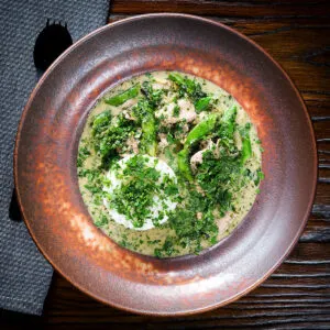 Herby Thai style green pork curry with sugarsnap peas and jasmine rice.