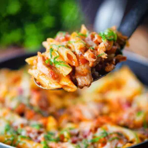 BBQ sauce, chicken and bacon pasta with matures cheddar cheese and fresh basil.