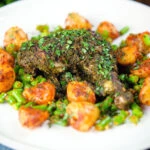 Goan (Indian) Chicken Cafreal served with aloo jeera and green bean poriyal.