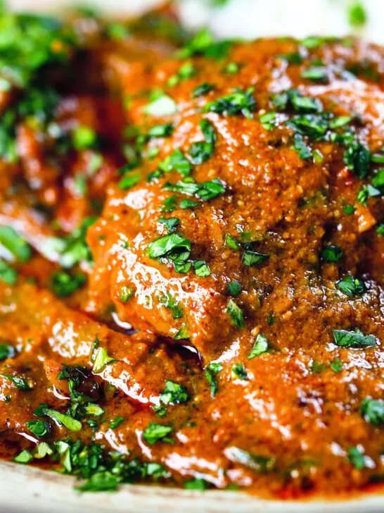 Close-up Goan chicken xacuti curry served with white rice and fresh coriander.