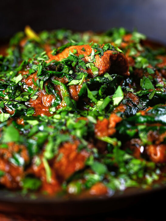 Close-up lamb saag or saagwala (lamb and spinach curry) with naan and coriander.