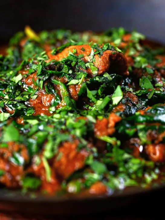 Close-up lamb saag or saagwala (lamb and spinach curry) with naan and coriander.