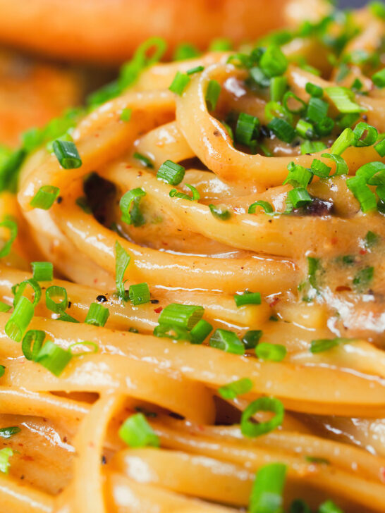 Miso butter pasta with pecorino, black & pink peppercorns and chives.