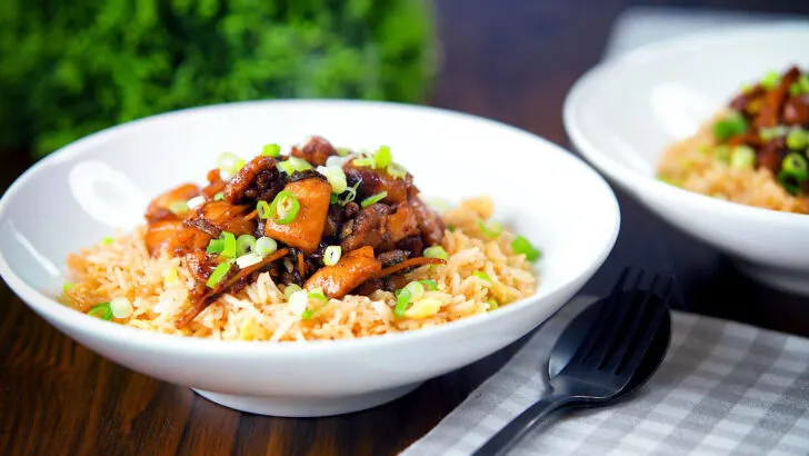 Shanghai style chicken stir fry served with egg fried rice.