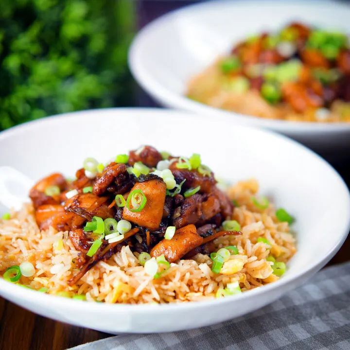 Shanghai style chicken stir fry served with egg fried rice.