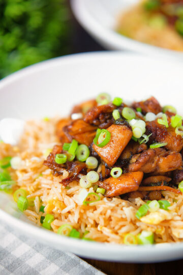 Spicy Shanghai chicken stir fry served with egg fried rice.
