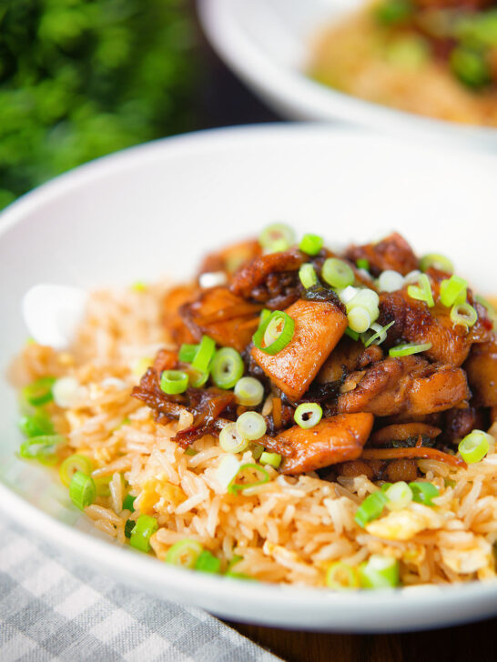 Spicy Shanghai chicken stir fry served with egg fried rice.