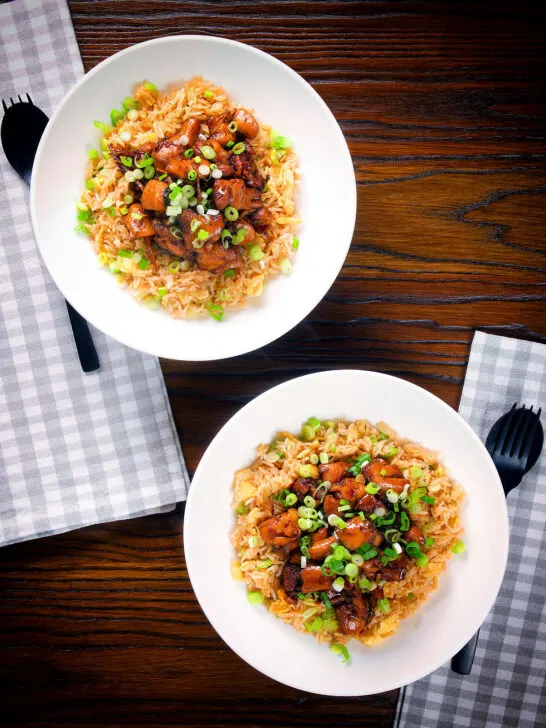 Overhead spicy Shanghai chicken stir fry served with egg fried rice.