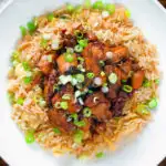 Close-up overhead spicy Shanghai chicken stir fry served with egg fried rice.