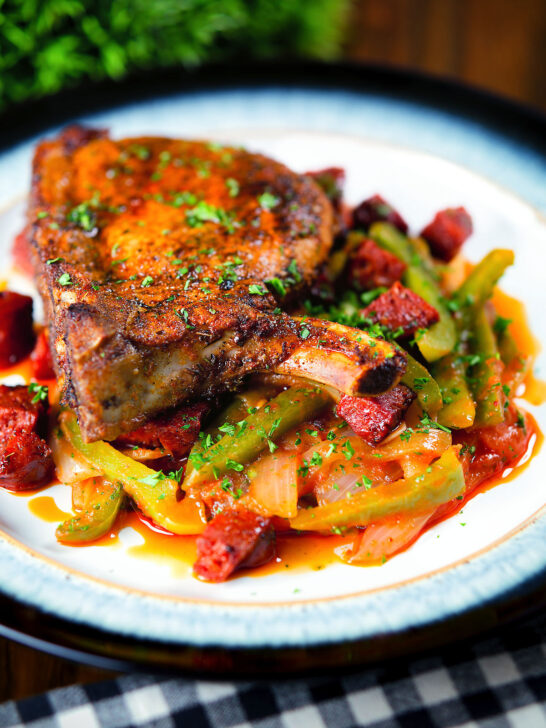 Basque piperade pepper and tomato stew served with Spanish pork chops and chorizo.