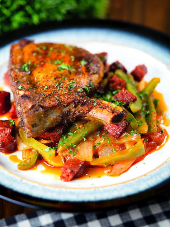 Basque piperade pepper and tomato stew served with Spanish pork chops and chorizo.