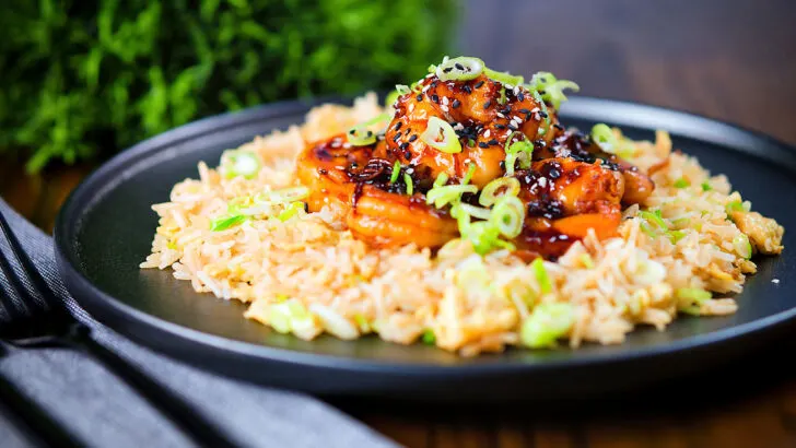 Teriyaki king prawns stir fry served with egg fried rice.