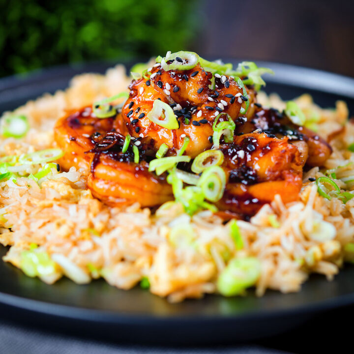 Teriyaki king prawns stir fry served with egg fried rice.