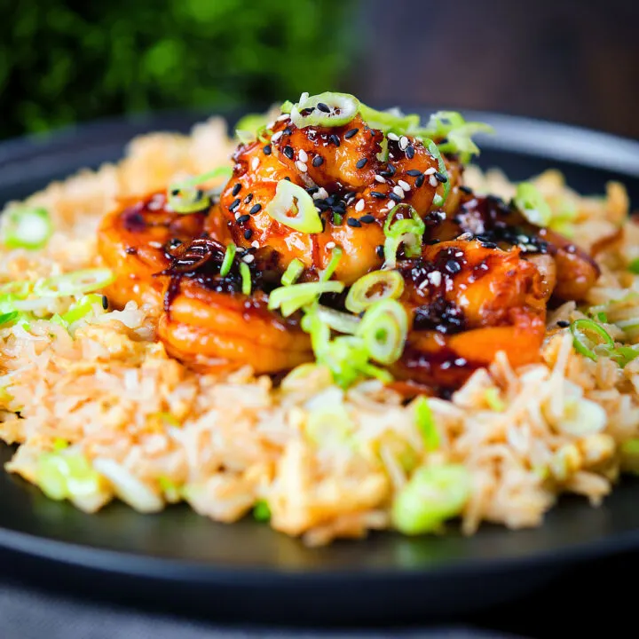 Teriyaki king prawns stir fry served with egg fried rice.