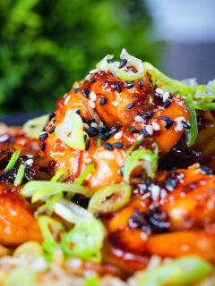 Close-up Teriyaki king prawns (shrimp) stir fry served with egg fried rice.
