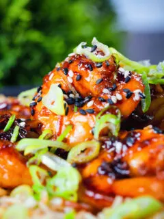 Close-up Teriyaki king prawns (shrimp) stir fry served with egg fried rice.