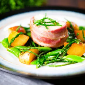 Bacon wrapped roasted monkfish with potatoes, samphire and sugar snap peas cooked in butter and cider.