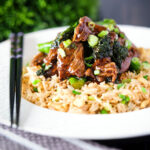 Quick and easy beef (steak) and broccoli stir fry served with egg fried rice.