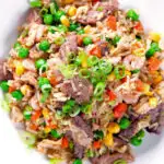Overhead close-up Chinese takeaway style special fried rice with beef, pork, chicken and prawns.