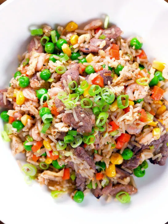 Overhead close-up Chinese takeaway style special fried rice with beef, pork, chicken and prawns.