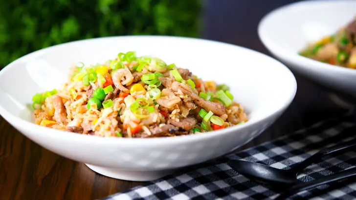 Chinese takeaway style fully loaded special fried rice with beef, pork, chicken and prawns.