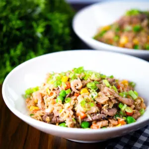 Chinese takeaway style fully loaded special fried rice with beef, pork, chicken and prawns.
