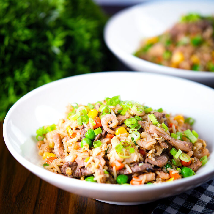 Chinese takeaway style fully loaded special fried rice with beef, pork, chicken and prawns.