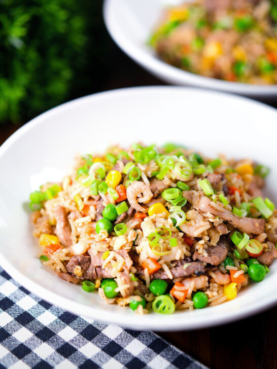 Chinese takeaway style special fried rice with beef, pork, chicken and prawns.