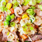 Close-up Chinese takeaway style special fried rice with beef, pork, chicken and prawns.