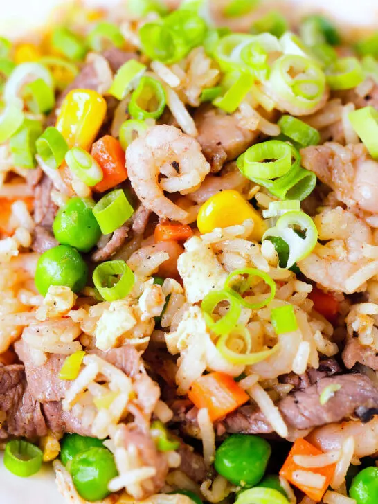 Close-up Chinese takeaway style special fried rice with beef, pork, chicken and prawns.