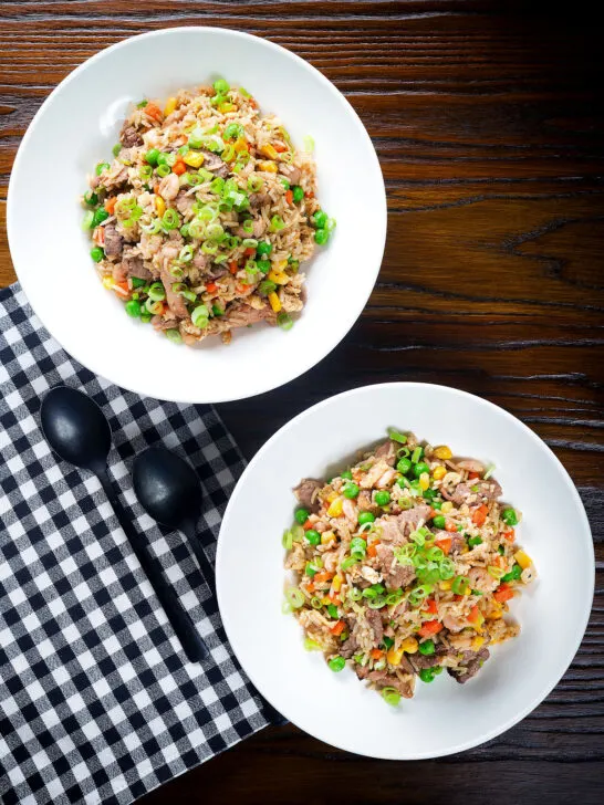Overhead Chinese takeaway style special fried rice with beef, pork, chicken and prawns.
