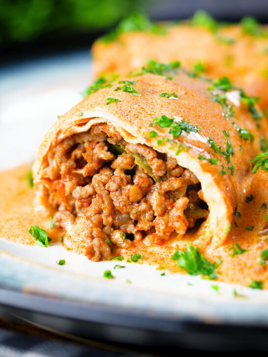 Hortobágyi palacsinta Hungarian minced meat stuffed pancakes in a sour cream and paprika sauce.