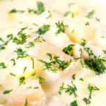 Close-up Cullen skink, Scottish creamy smoked haddock and leek chowder or soup.