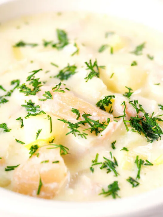 Close-up Cullen skink, Scottish creamy smoked haddock and leek chowder or soup.