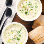 Overhead Cullen skink, Scottish creamy smoked haddock and leek chowder or soup.