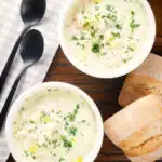 Overhead Cullen skink, Scottish creamy smoked haddock and leek chowder or soup.
