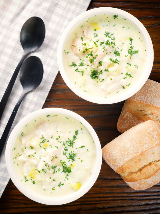 Overhead Cullen skink, Scottish creamy smoked haddock and leek chowder or soup.