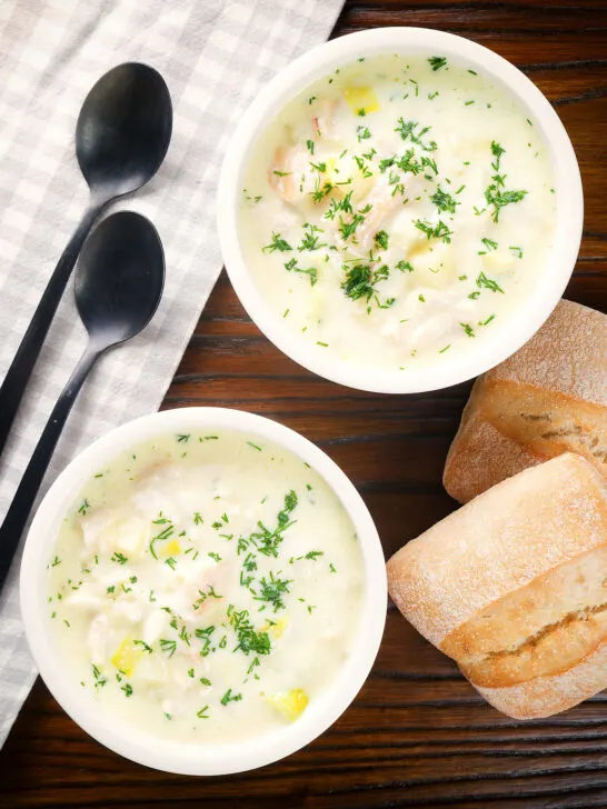 Overhead Cullen skink, Scottish creamy smoked haddock and leek chowder or soup.