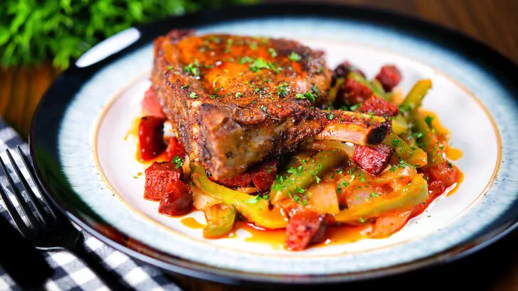 Spanish influenced pork chops with chorizo served with Basque piperade.