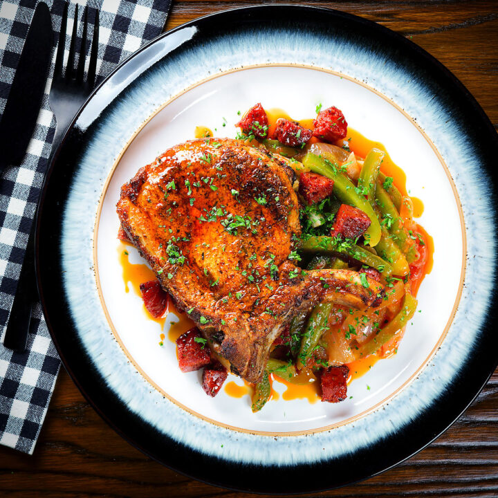 Spanish influenced pork chops with chorizo served with Basque piperade.