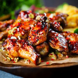 Sticky teriyaki chicken wings with French fries and salad.